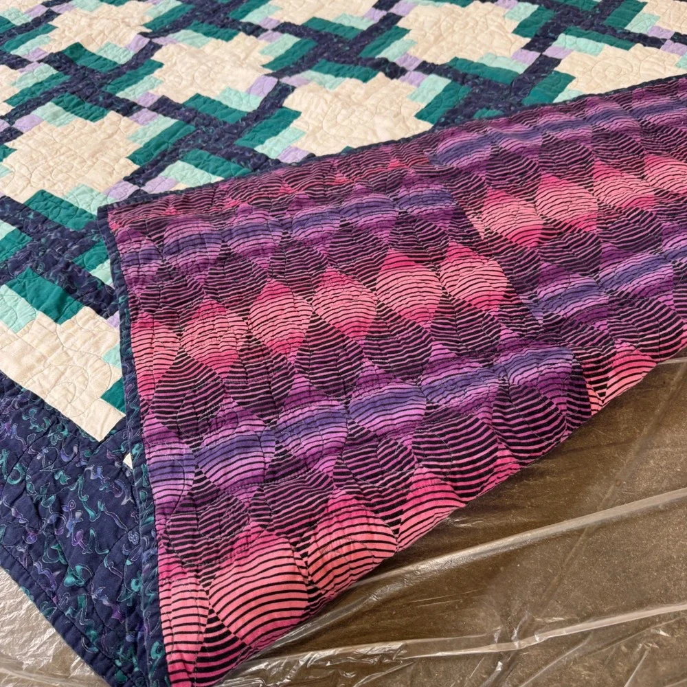 Handmade Vintage Quilt 76x54 Blue Teal Purple Log Cabin Patchwork Geometric 90s